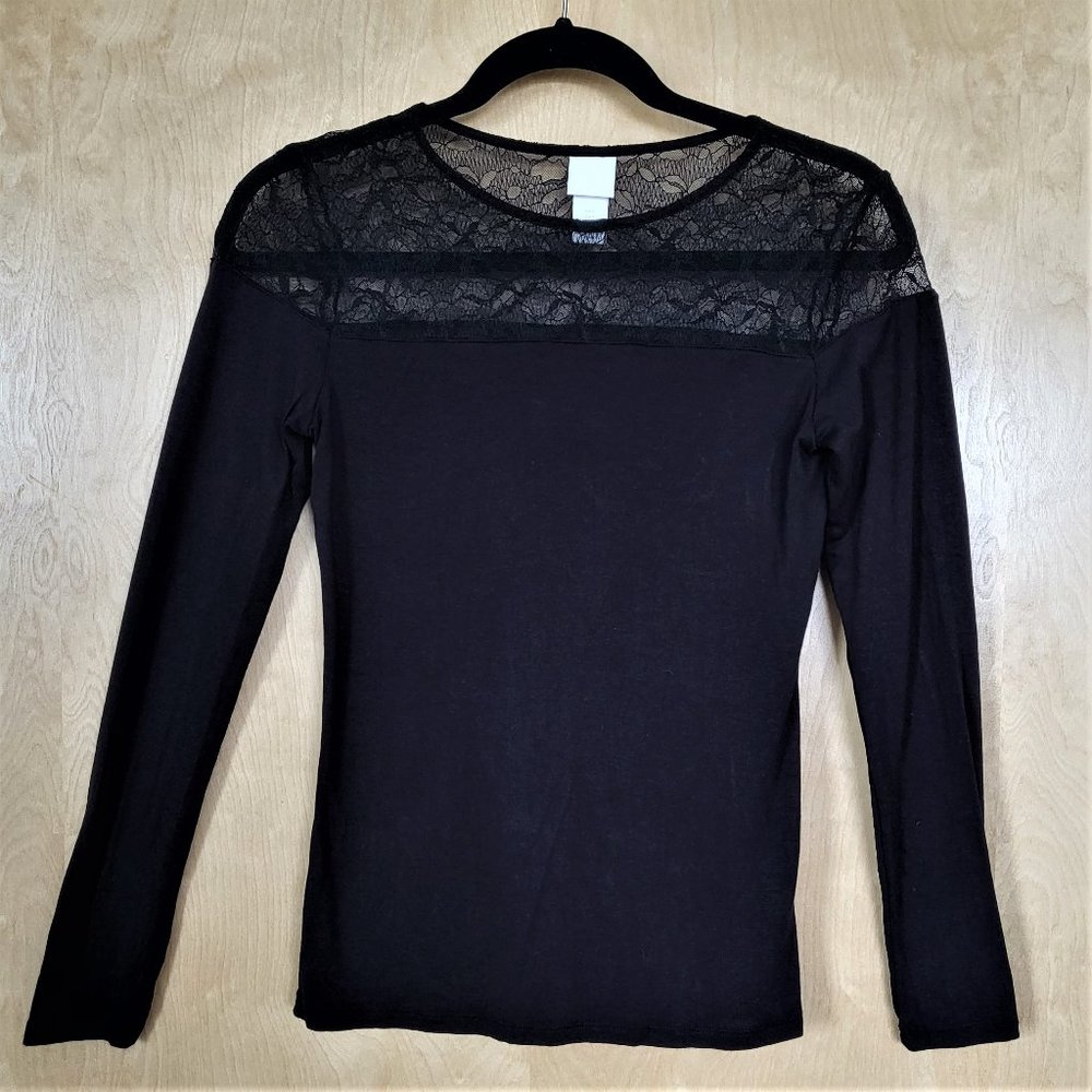 H&M Black Stretchy Top with Lace Yoke Size Small